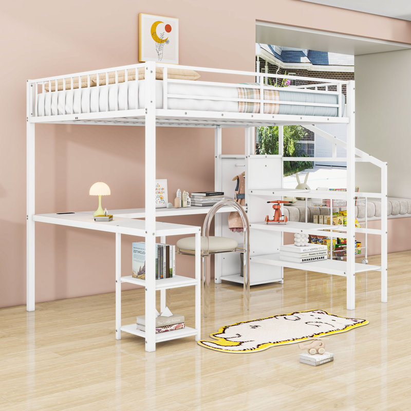 Metal Loft Bed With Open Wardrobe, LED Light, Desk, Charing Station And Storage Stair, Queen, White