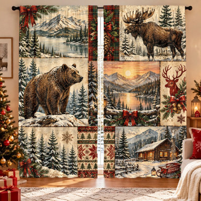 2Pcs Wilderness Wildlife Art Curtains, Moose Bear Deer Cabin Scene Print, Light Filtering Fabric, Privacy Protection, Rod Pocket Design, Machine Washable, for Living Room, Bedroom, Home Decor, Holiday Gift