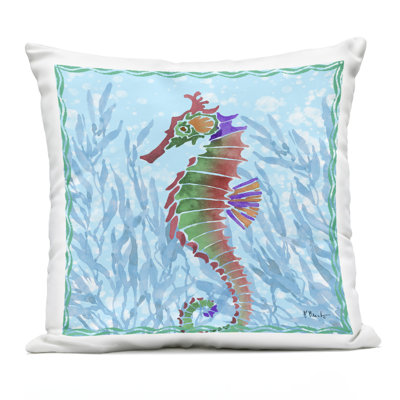 Radiant Seahorse & Seaweed Outdoor Printed Pillow design by Paul Brent