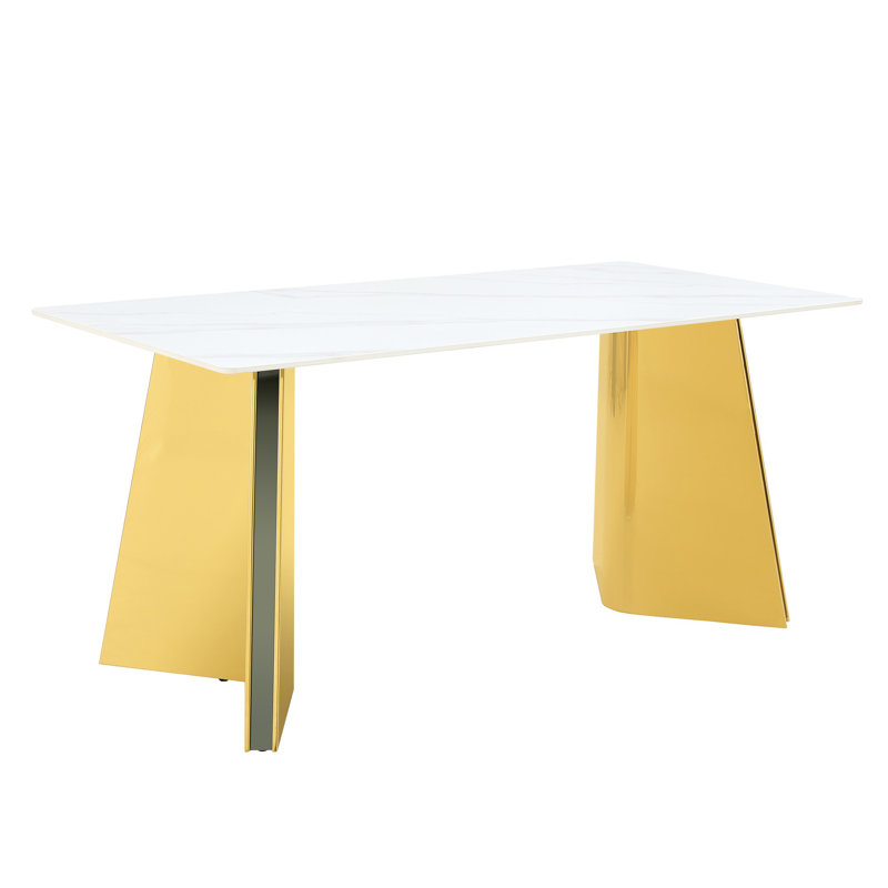 Marble-Patterned Slab Dining Table, 30"H x 63"L x 31.5"W, Gold, White/Gray