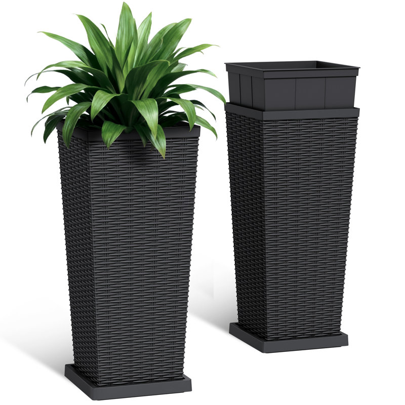 Grand pot à fleurs 24/32 po en osier synthétique avec trou de drainage et plateau, H 31 po, Noir