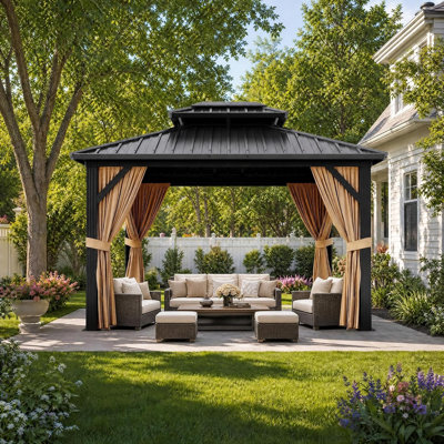 Pavillon de jardin rigide 10 x 10 pi, toit en acier galvanisé double, structure en aluminium robuste avec rideaux et filet, kaki