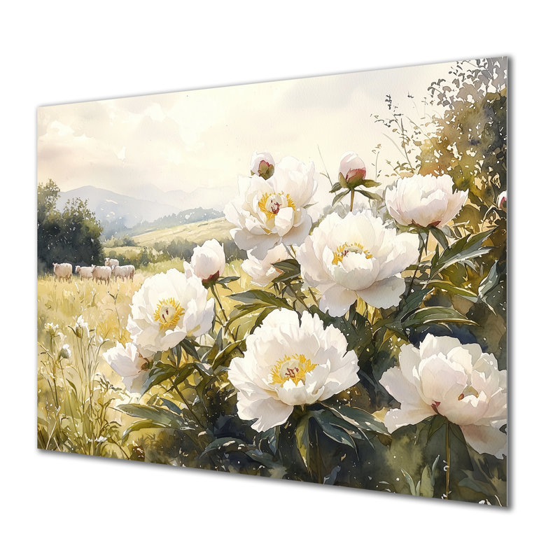 Pivoines près du champ de pâture I - Pivoines, impression sur métal, H 24 po x l 32 po