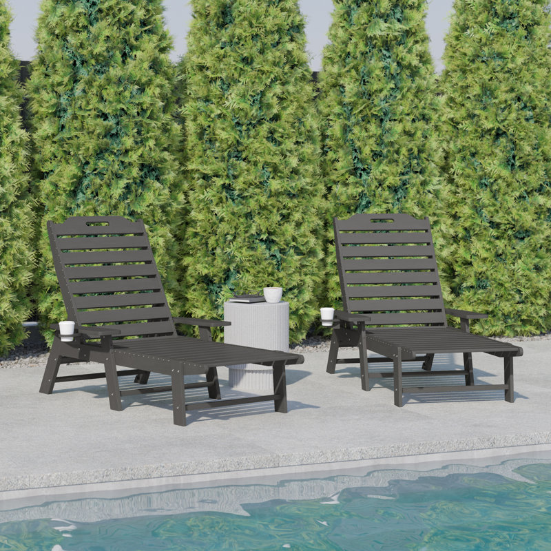 Ayleah Commercial Grade Outdoor Adjustable Lounge Chair with Cupholder, Gray, 2