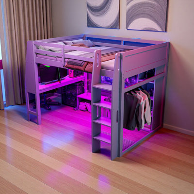 Wood Gaming Loft Bed With Desk, Multi-Storage Shelves, LED And A Hanging Clothes Rack