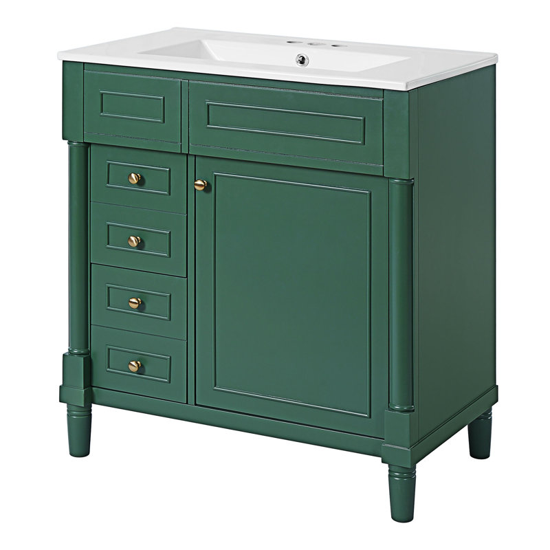 Meuble-lavabo autoportant avec lavabo, Vert, Doré