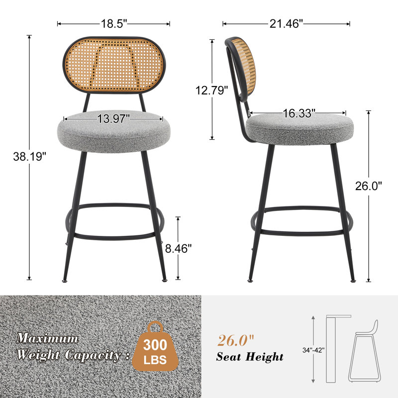 Counter Stool With Rattan Back, Gray, 4