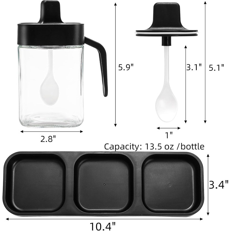 Ensemble de 3 pots à condiments avec plateau, contenant à épices 13,5 oz avec couvercles et cuillères, ensembles de contenants en verre pour le sel et le sucre, boîte d'assaisonnement pour le sel et le poivre
