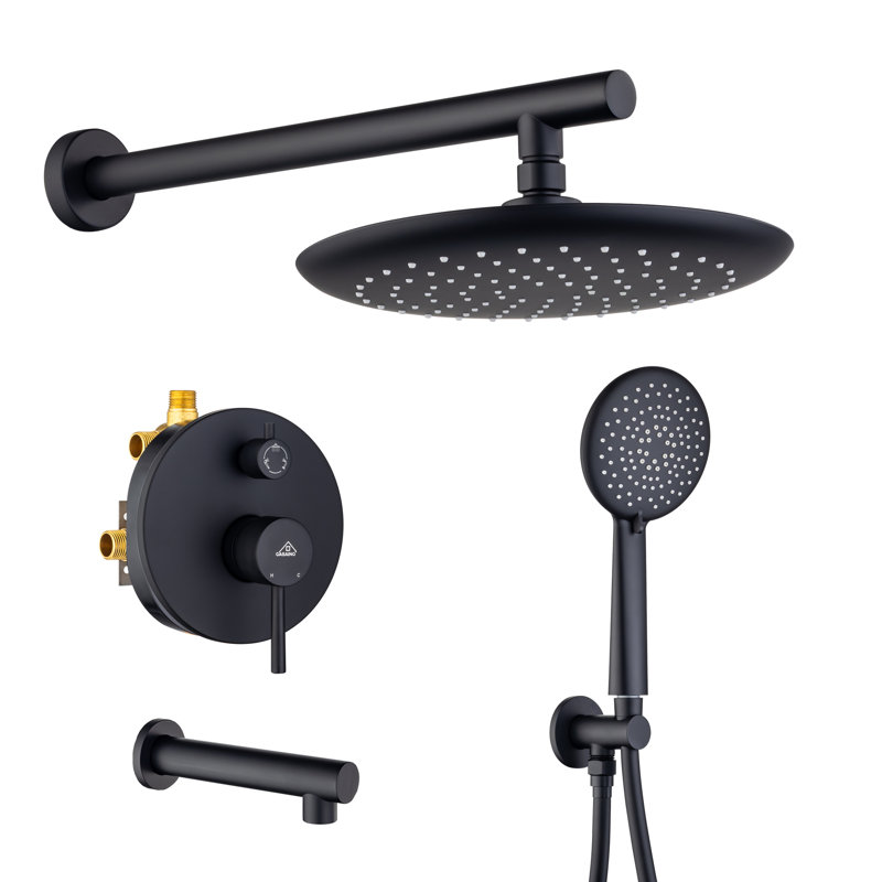 Système de douche à pluie complet à 3 fonctions avec douchette à main à 5 réglages et bec de baignoire, Noir mat
