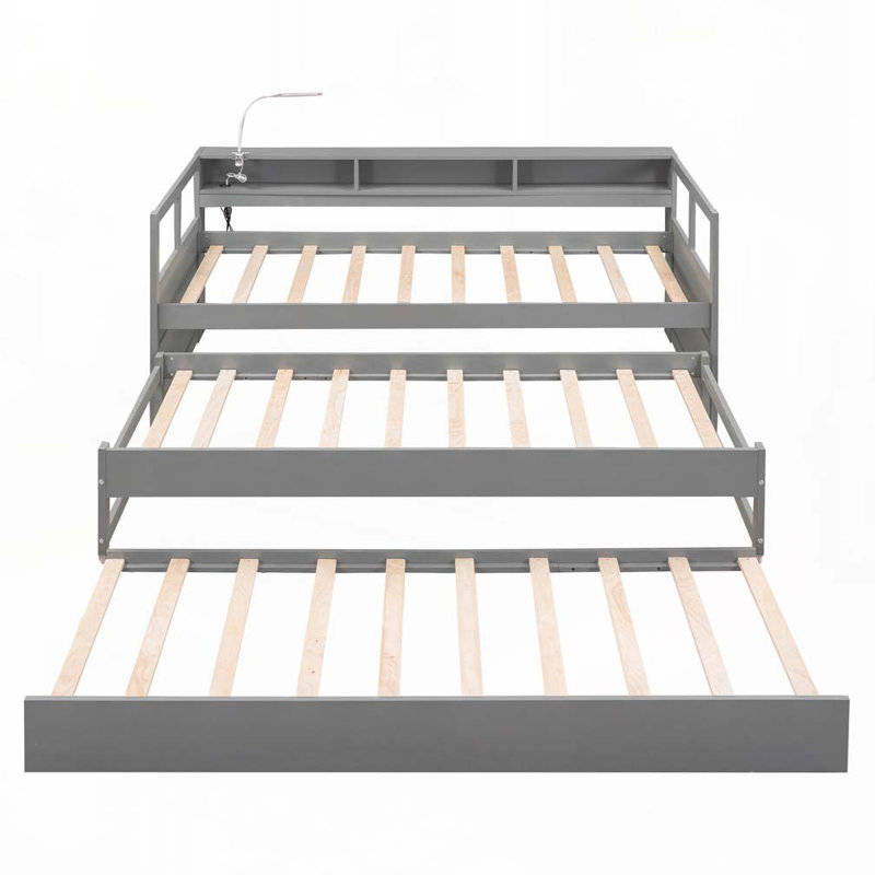 Wood Daybed with 2 Trundles, 3 Storage Cubbies, Gray