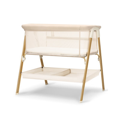 Portable Baby Bedside Sleeper Bassinet with Locking Wheels for Boys Girls Infant, Including Mattress, Storage Basket, Full Mesh Sides, Mini Babies Crib for Newborns,Khaki