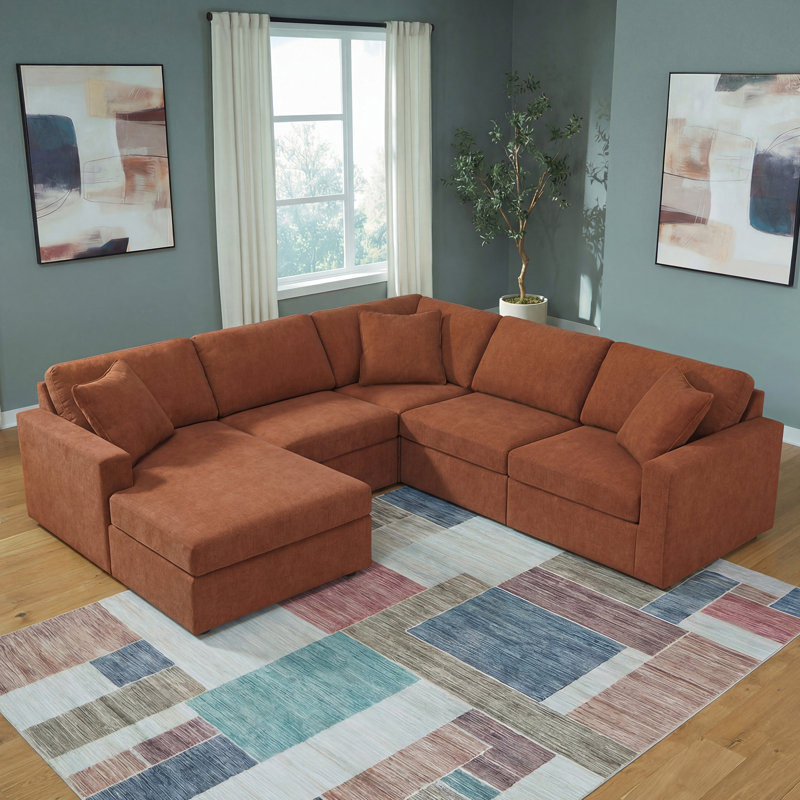 Canapé modulaire 5 pièces avec méridienne Depew, Orienté à gauche (vu de face), Polyester orange
