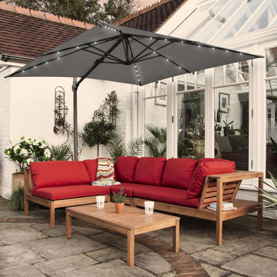 Collinward 5 - Person Seating Group with Red Cushions and Grey LED  Parasol