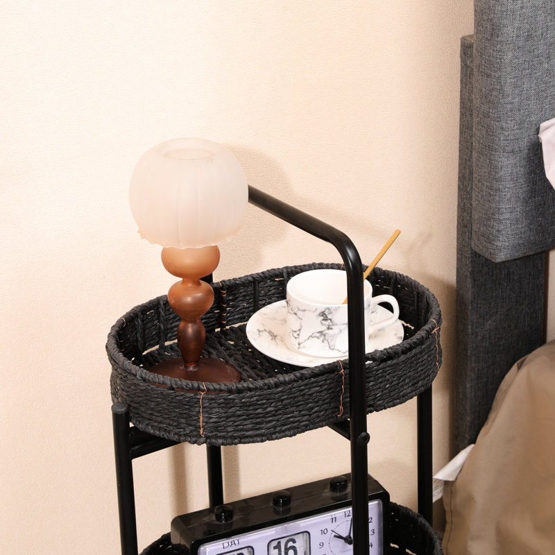 Table d'appoint ovale tissée à la main avec plateau amovible, idéale pour les pique-niques et le rangement des légumes dans la cuisine, format compact, noir, convient au rangement des fruits, forme adaptée.