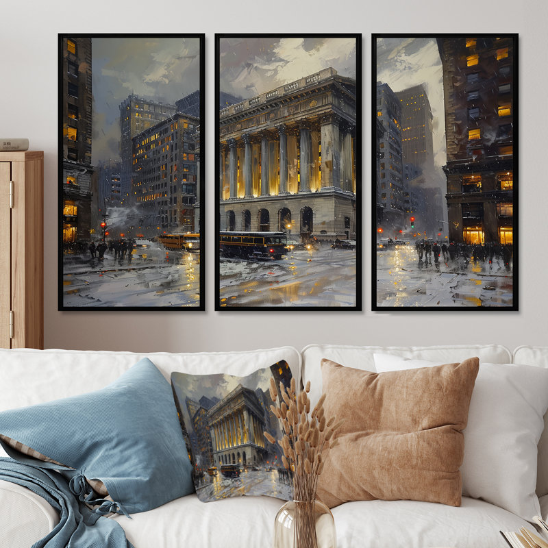 Ensemble de salon Beige Banks Architectural In New York Winter - Banks Wall Art, Cadre flottant noir
