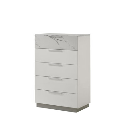 Commode blanche brume - Finition bicolore très brillante en marbre et laque avec cinq tiroirs à glissement lisse, tiroir supérieur doublé de velours