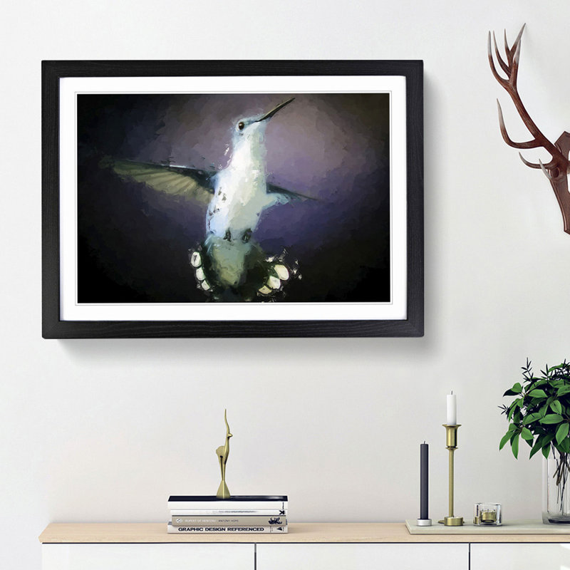 Hummingbird Bird in Flight in Abstract - Picture Frame Painting Print on MDF, 36cm H x 48cm W x 2cm D, Black Framed