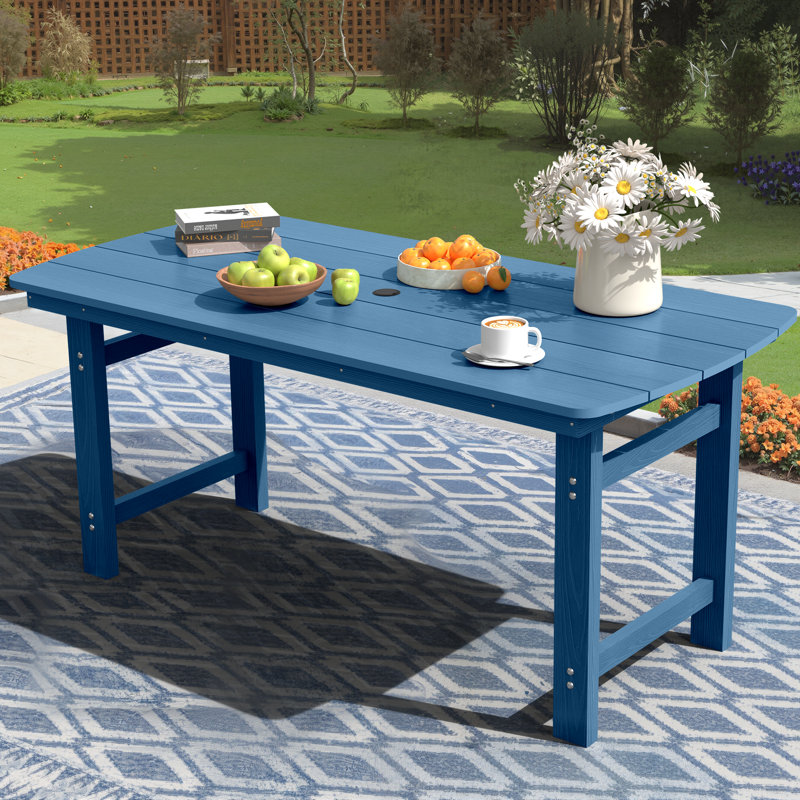  Table de salle à manger rectangulaire en PEHD pour l'extérieur avec trou pour parasol, Marine