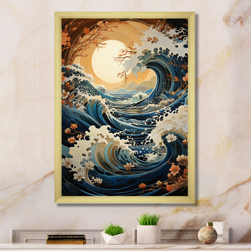 Teal Kinetic Waves I - reproduction sur toile, Encadrement doré, H 40 po x l 30 po x P 1,5 po