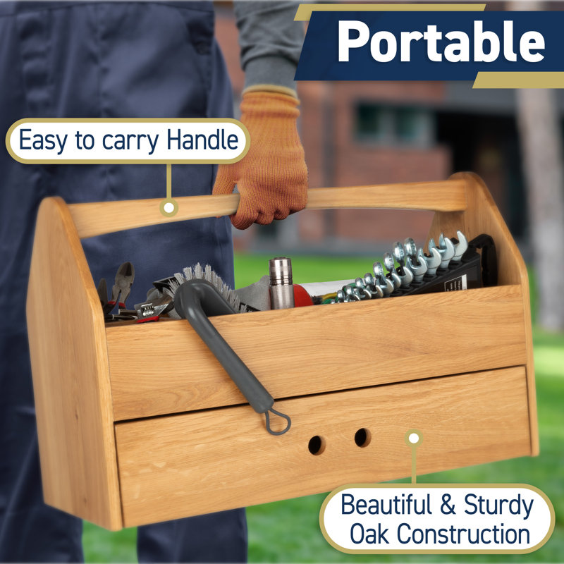 Kings County Tools Wood Tool Box - Wooden Caddy Organizer with Handle and Drawer for Crafts or Tool Storage - Art Supply Storage Organizer Toolbox - Wooden Craft Tool Box