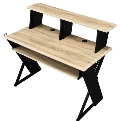 Table d'enregistrement de musique au fini chêne naturel - espace de travail spacieux, plateau de rangement pour clavier, support pour écouteurs, bureau à options de rangement multiples pour une utilisation professionnelle, grand espace de rangement, cordon efficace