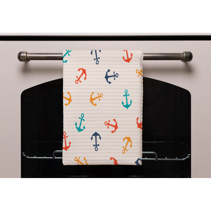 Cotton Waffle Tea Towel Kitchen Towel, White/Green/Orange