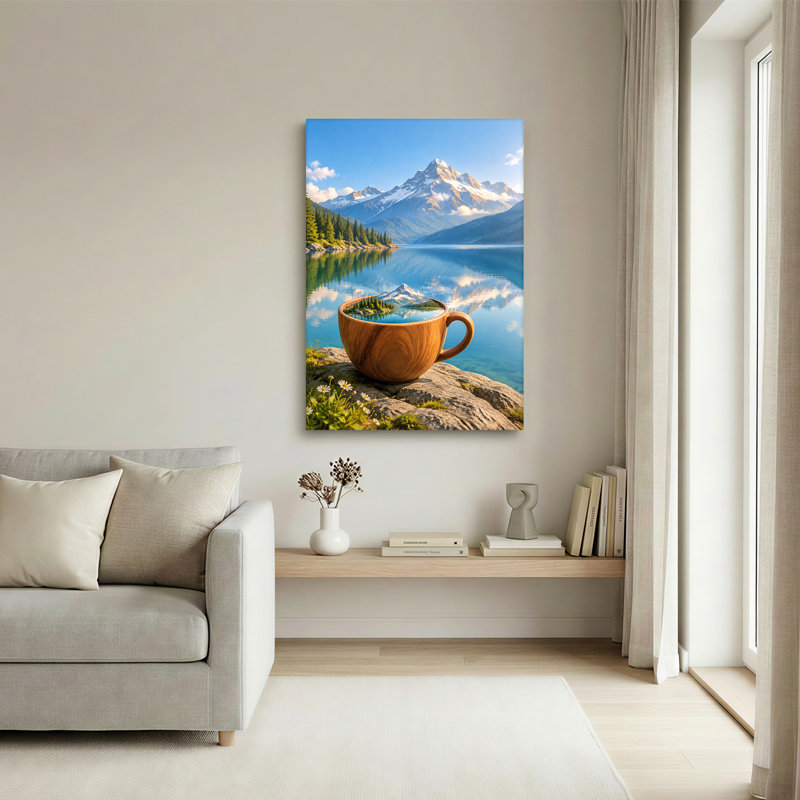 Tasse en bois avec reflet de lac enneigé, tableau sur toile, 48"H x 36"W