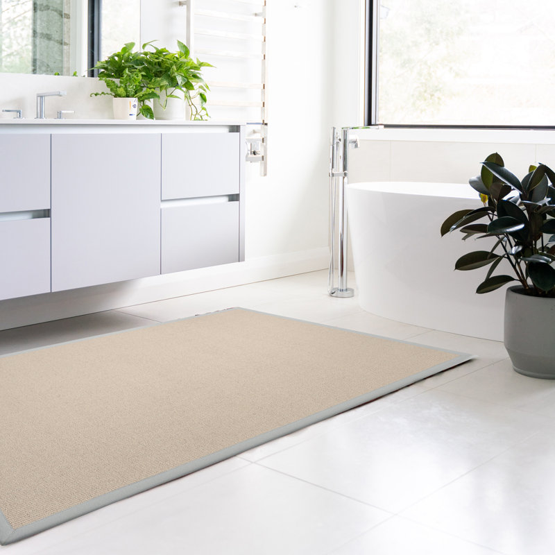 Nannette Handmade Light Beige Berber with Ice Blue Cotton Border Made in the USA Area Rug, Rectangle 4' x 6'
