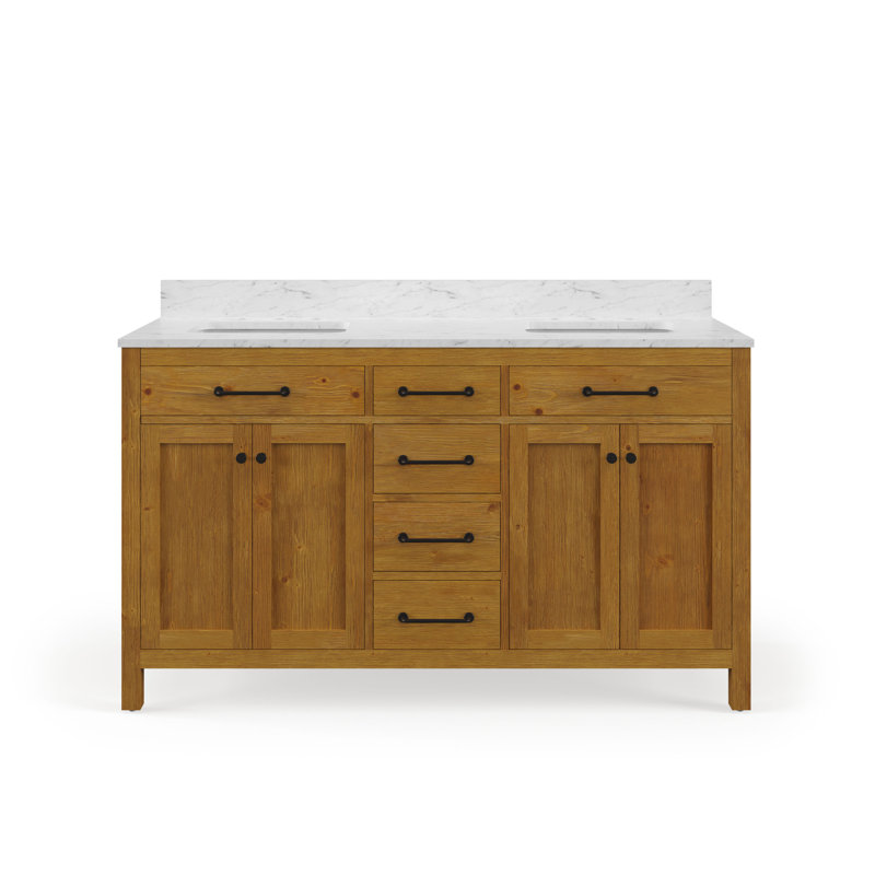 Berryman 60 In. Double Sinks Carrara White Engineered Marble Countertop Bath Vanity In Sierra Oak