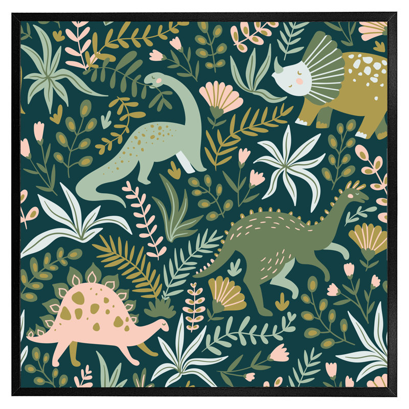 Hiddenite Hand Drawn Dinosaurs And Tropical Leaves And Flowers. - Single Picture Frame Print, Black Framed