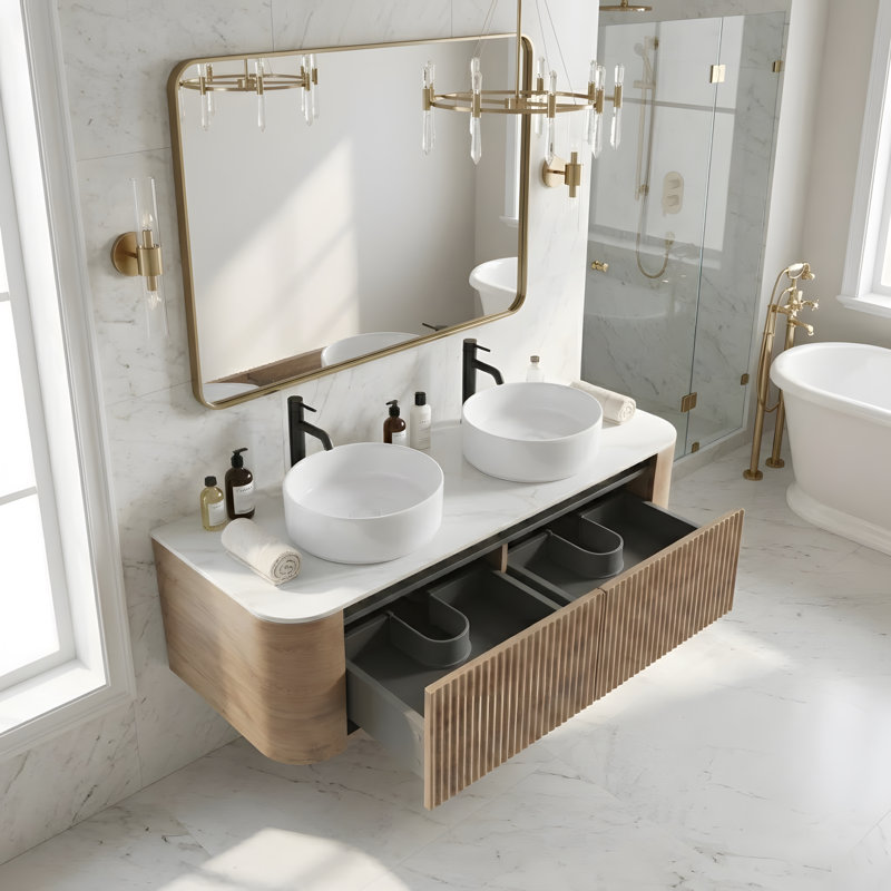 Meuble-lavabo mural de 60 pouces avec lavabo rond blanc à rayures et tiroirs de rangement, Chêne miel, 60, Blanc