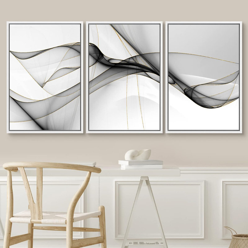 "Smoke Effect", pastel noir et blanc, images modernes neutres, impression sur toile encadrée, 3 pièces, H 24 po x l 48 po