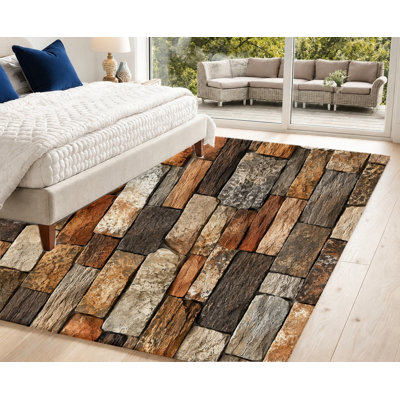 Tapis rustique brun et gris rustique avec texture de brique de bois, motif de bois de campagne rétro, tapis de sol antidérapant et durable, doux et lavable à la machine, décoration artistique élégante pour le salon, la chambre à coucher, le couloir, la salle à manger, la cuisine et le patio