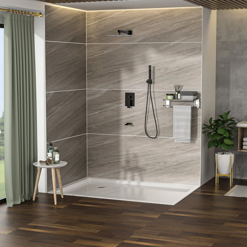 Douche murale en bronze huilé avec bec de baignoire en cascade - Carré de 12 pouces, 3 fonctions de pluie et de poche, soupape équilibrée, installation simple et fonctions du système d'entretien, poche