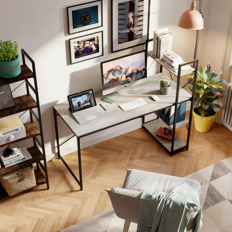 Metal Base Computer Desk, 121cm H x 140cm W x 64cm D, White Oak