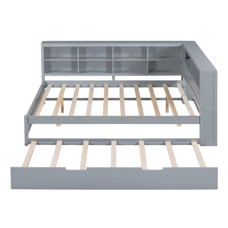 Wooden Full Size Daybed With Twin Trundle, Storage Shelf & USB Charging Ports, Full/Double, Gray