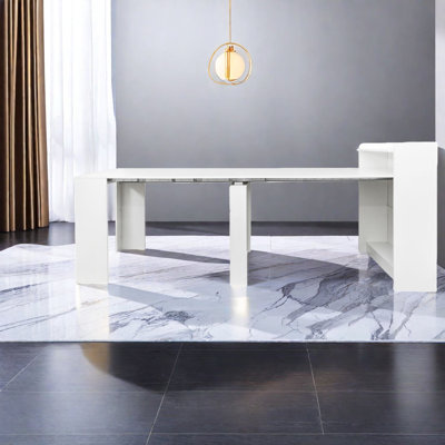 Extendable Dining Tables (table only, no chairs, complete with top and legs) with Storage, White Wood MDF Modern Home Kitchen