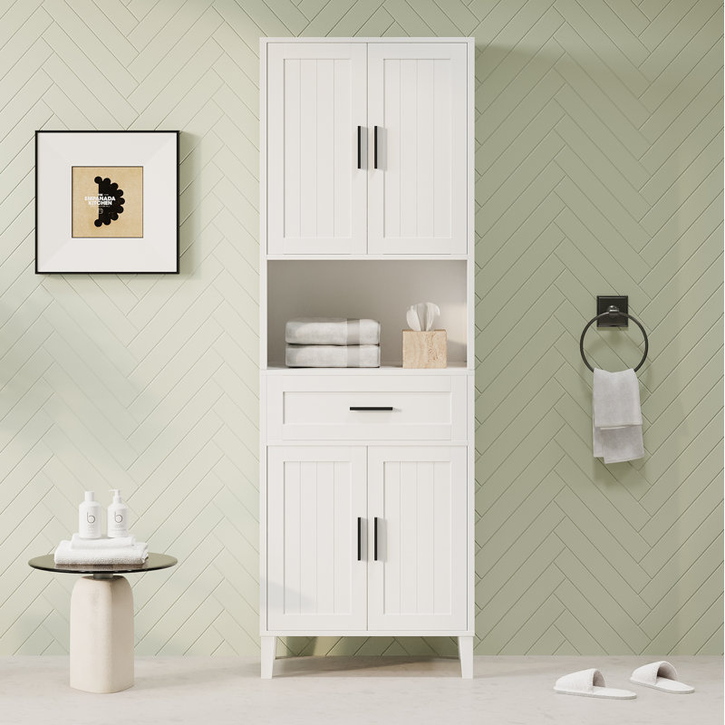 Élégante armoire de salle de bain haute autoportante avec tiroir, 2 armoires, 4 portes à fermeture douce et 2 tablettes réglables