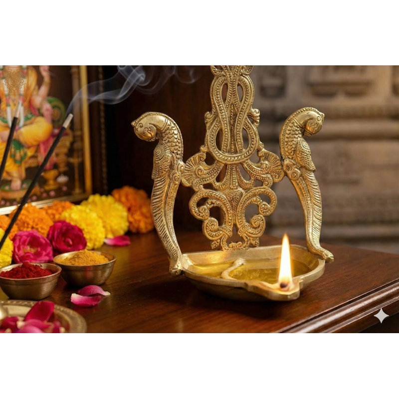 8-Inch Superfine Brass Parrot Couple Oil Lamp, Handcrafted Diya for Altar & Decorative Lightin