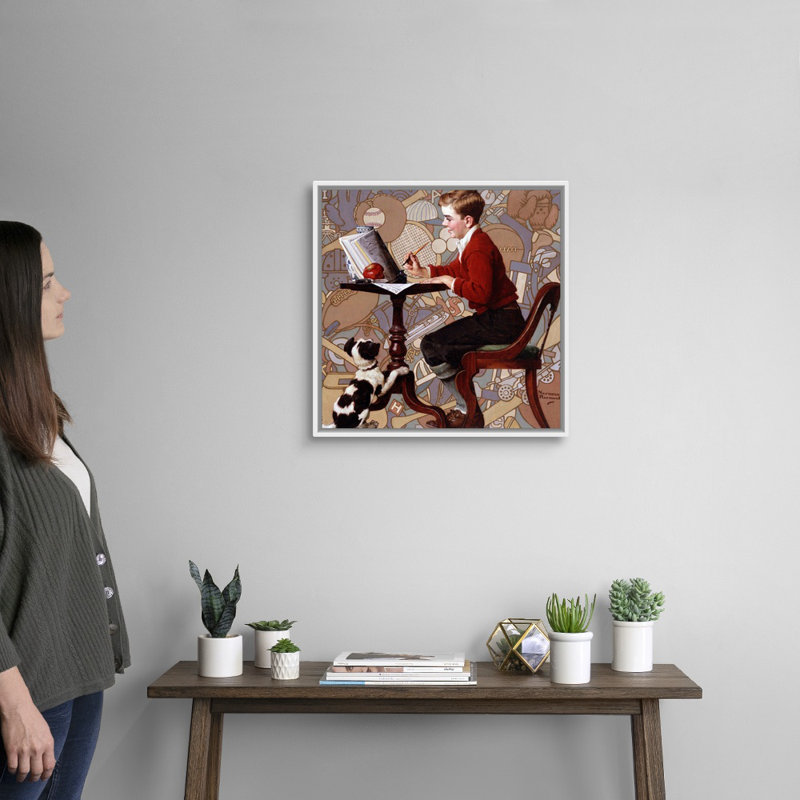 Garçon lisant un catalogue sur toile Sears, H 22 po x l 22 po x P 1,75 po, Cadre flottant blanc