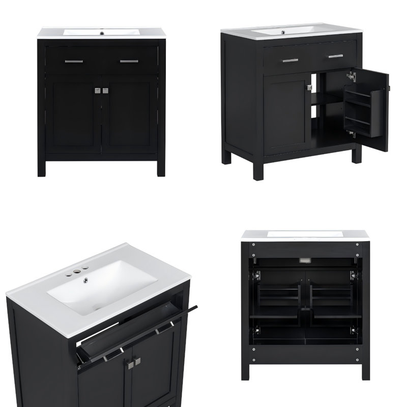 Meuble-lavabo moderne 30 po avec lavabo en céramique, portes à fermeture douce et rangement intelligent, Black