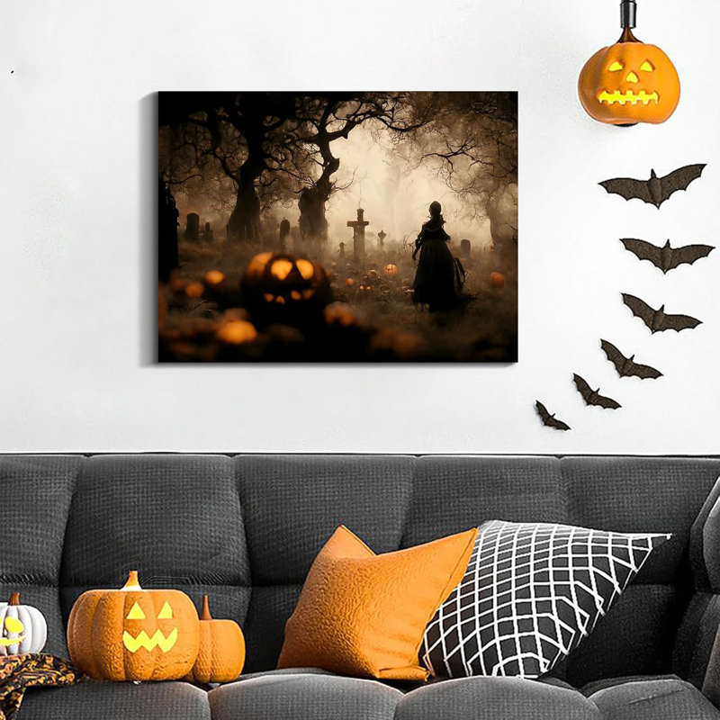 Toile d'Halloween murale d'Halloween, décoration murale de citation d'horreur nuit sombre 24 po x 16 po, décoration d'Halloween rétro pour galerie salon chambre à coucher