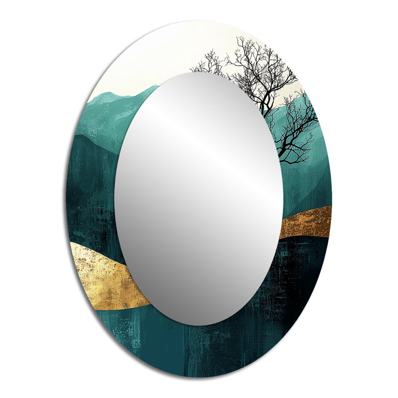 Arbre décoratif silencieux en harmonie dorée émeraude - Paysages, miroir ovale décoratif sur métal, 40 po x 30 po