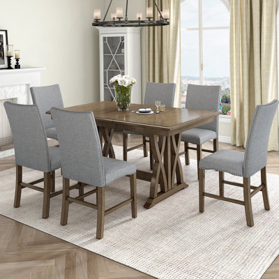 Mid-Century Solid Wood 7-Piece Dining Table Set Extendable Kitchen Table Set