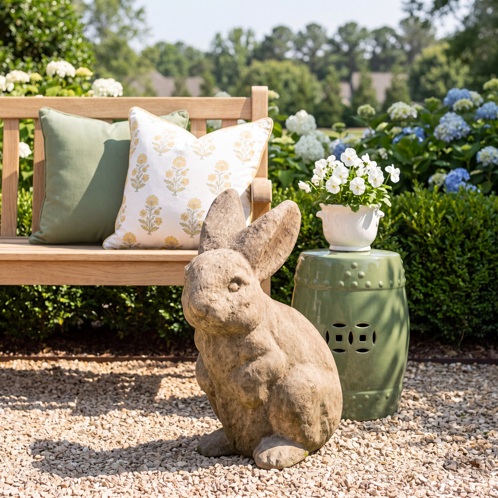 Rabbit Ears Up Garden Statue, Aged Limestone