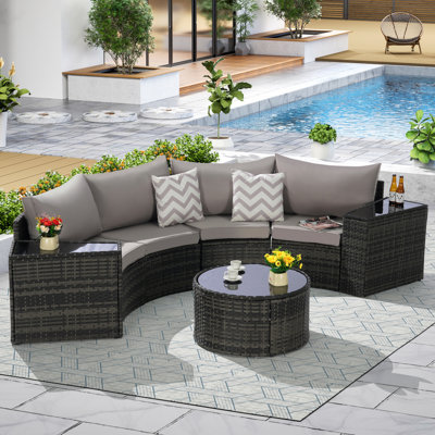 Ensemble de canapé modulaire d'extérieur demi-lune 7 pièces avec table basse ronde en verre trempé