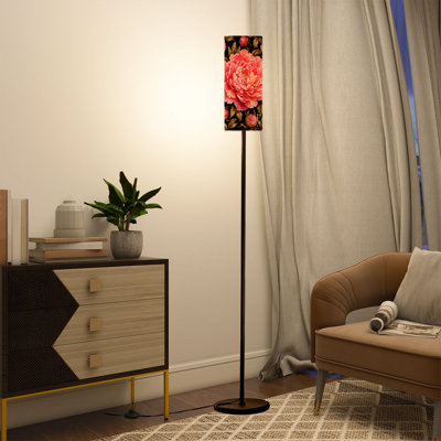  Lampe sur pied 68,5 po avec pivoines roses, feuilles vertes, poteau en métal noir à intensité variable avec abat-jour en lin, ampoule DEL incluse