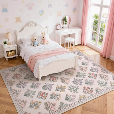 Tapis lavable vintage rose avec envers antidérapant pour chambre d'enfant, chambre de bébé et salon