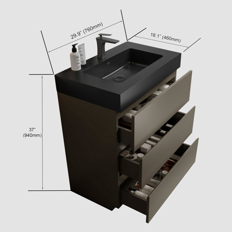Ensemble de meuble-lavabo simple 29,9 po avec plateau en céramique Sona, Noyer, Noir