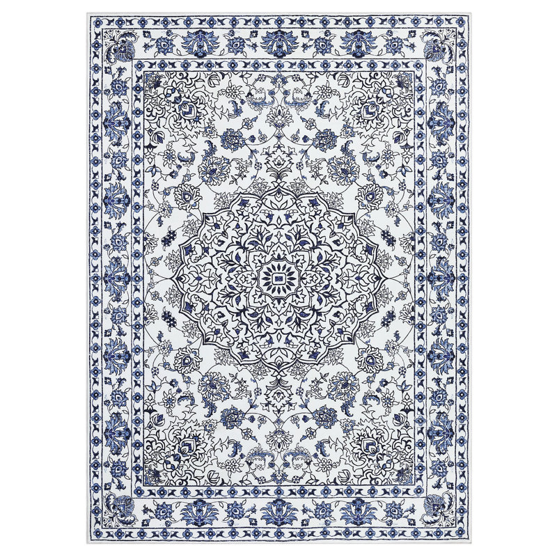 10x13 Ft Vintage Distressed Medallion Area Rug Machine Washable Non-Slip Area Rugs Retro Indoor/Outdoor Home Decor, Blue